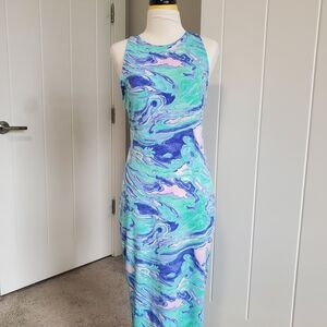 Tori Richard Marble-Print Maxi Dress in Aqua, Blue & Pink